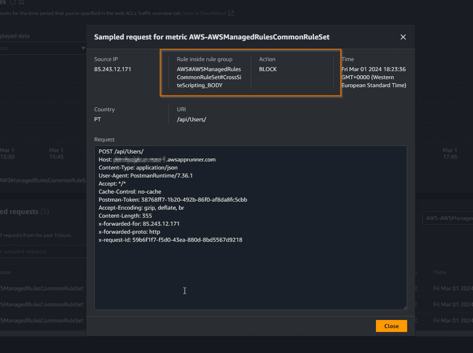 AWS WAF XSS Sample Request