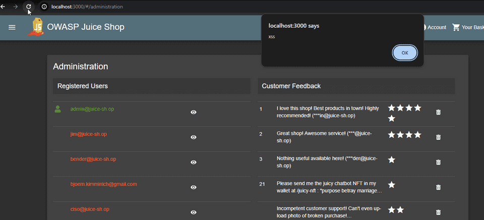 Juice Shop Administration XSS
