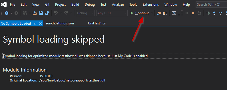 Skip symbol loading for testhost.dll